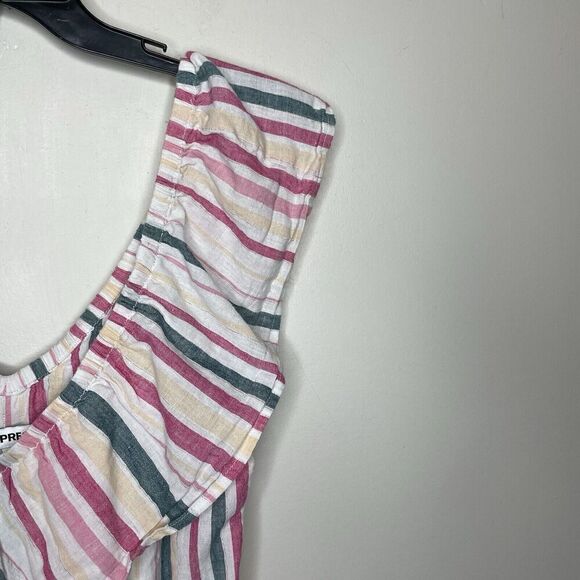 EXPRESS Top Women Small Striped Linen Cotton Crop Blouse Ruffle Sleeveless - Picture 2 of 11